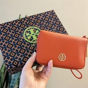 Tory Burch Orange Leather Wristlet With Box